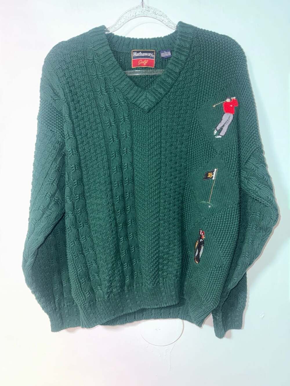 Vintage Hathaway Golf Green V-Neck Cable Knit Sweater with Embroidered Graphics